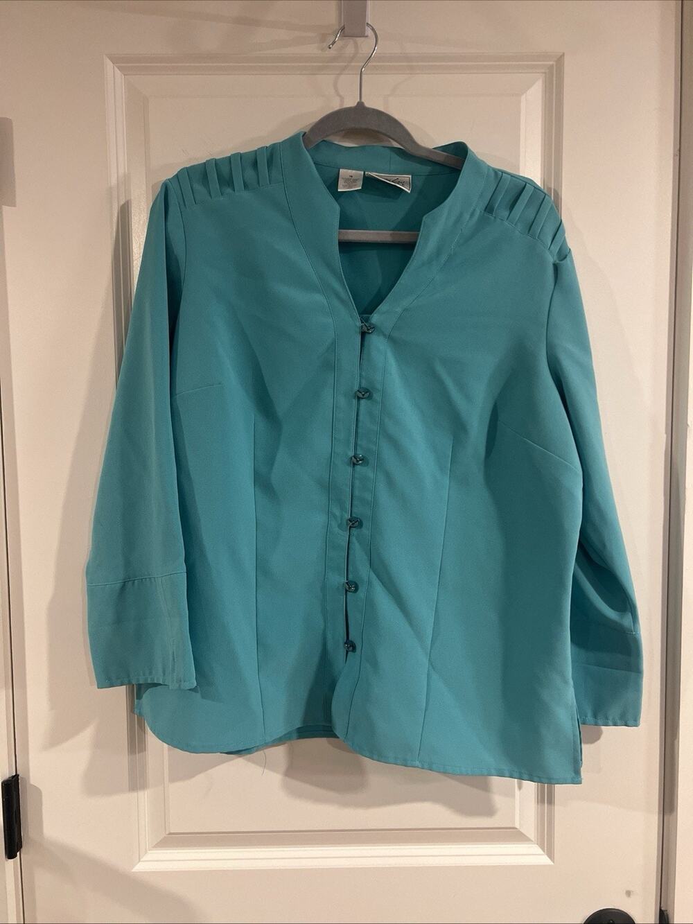 Cathy Che Stretch Teal Collar Blouse Womens 16 Button Front Top